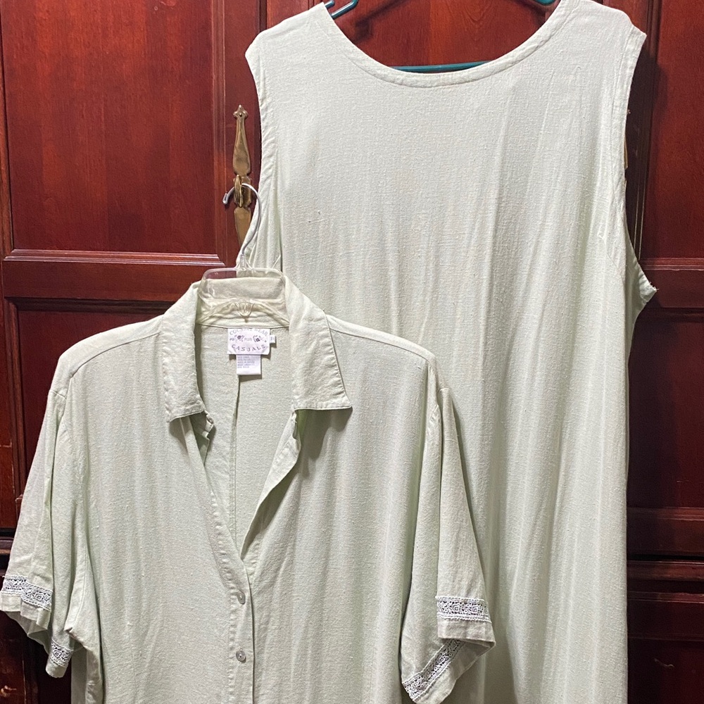 Vintage Plus size 3X Light Green Sleeveless Dress and Button-Up Shirt Set